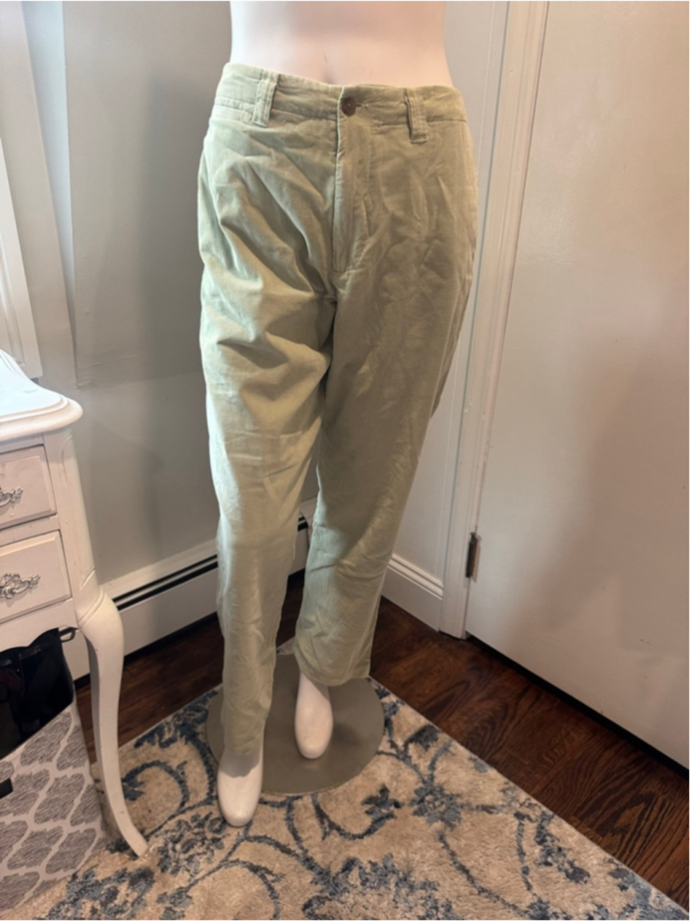 White Blue Corduroy Pants Women’s 30x32 Light Green Sage Straight Leg 100% Cotto